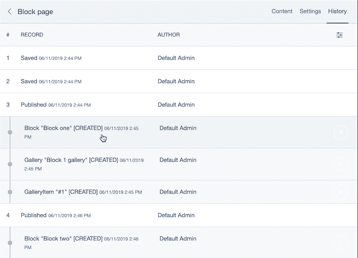 a screenshot of the versioned-snapshot-admin module's "history" interface showing version history of data relations